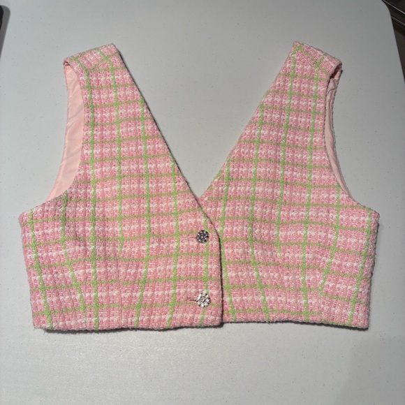 NWOT Zara Tweed Crop Vest in Pink Green Jewel Buttons Size Medium - Picture 3 of 7